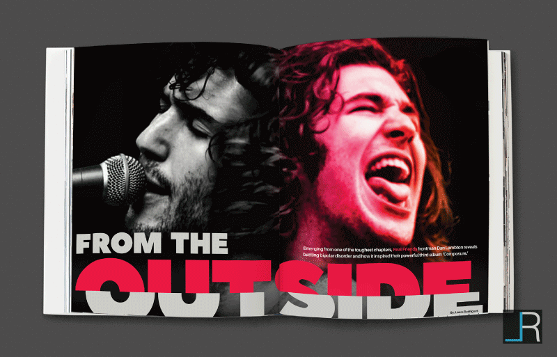 From The Outside Cover Spread: Slicing and juxtaposing the headline, while using a serious greyscale and happy vibrant pink photo of the frontman to represent shifting emotions of bi-polar disorder